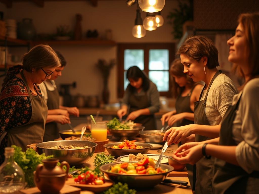 a vibrant kitchen scene with participants engaged in a culinary workshop, preparing Mediterranean-inspired dishes with fresh ingredients, surrounded by soft lighting and a warm atmosphere, showcasing the joy of cooking together