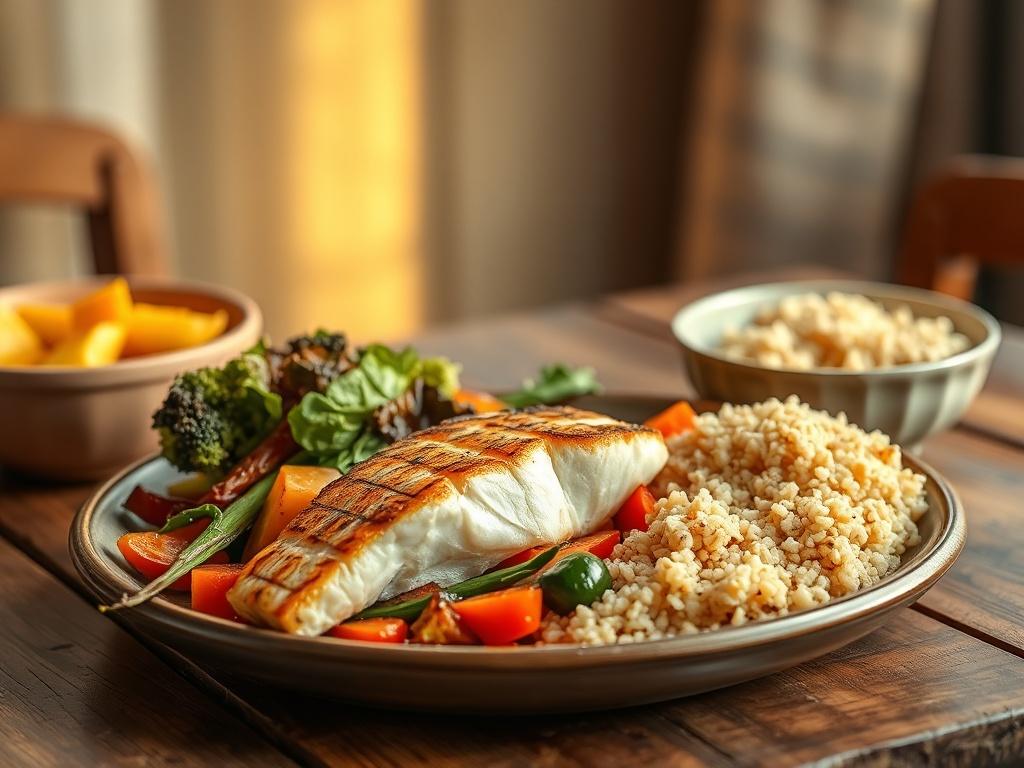 A beautifully arranged, high-resolution image of a gourmet meal kit featuring seasonal vegetables, grilled fish, and a side of quinoa. The dish is artfully plated on a rustic wooden table, with soft golden lighting enhancing the colors of the food. The background is serene and cozy, evoking a warm, inviting atmosphere.