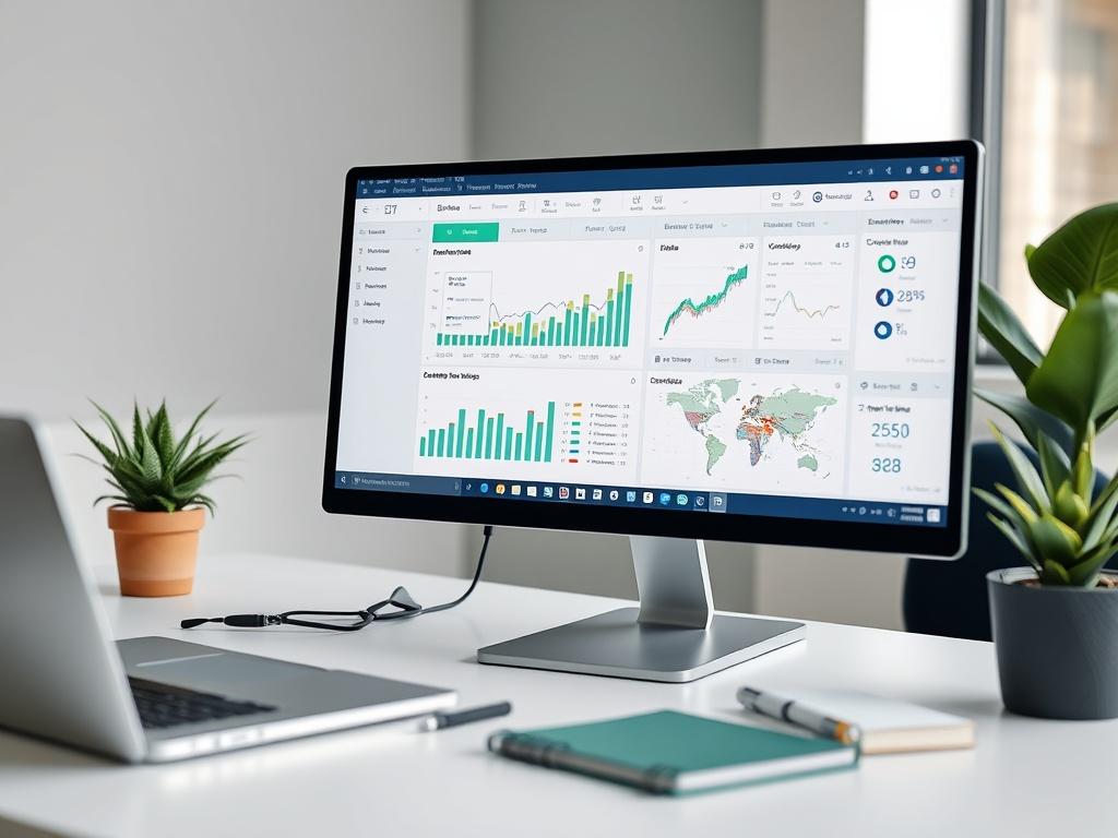 A realistic high-resolution photo of a computer screen displaying a custom AI application interface. The screen features various charts and data visualizations, showcasing the application's analytical capabilities. Surrounding the screen, a professional workspace with minimalistic design elements, including a laptop, notebook, and potted plant. The background is softly blurred to keep the focus on the screen, and the color palette incorporates shades of green to match the primary color.