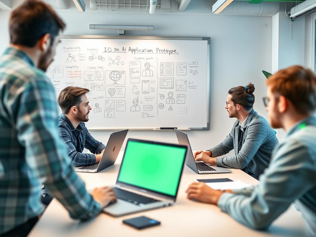A realistic high-resolution photo of a team collaborating on an AI application prototype. The image shows a whiteboard filled with sketches and notes, alongside laptops displaying the prototype on screens. The team members are engaged in discussion, surrounded by a bright, creative workspace. The color scheme includes elements of green to align with the brand's primary color.