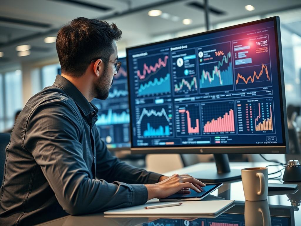 A realistic high-resolution photo of a professional analyzing data on a large monitor. The screen displays complex graphs and data trends, representing the AI-driven analysis process. The background shows a modern office environment with soft lighting, creating a focused atmosphere. A digital tablet and a coffee mug are placed on the desk, emphasizing a productive workspace.