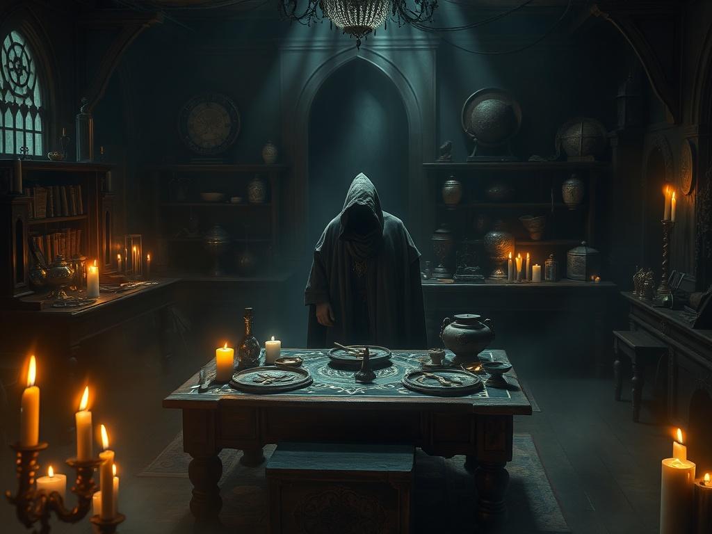 A dark, mysterious room filled with ancient artifacts and candles
