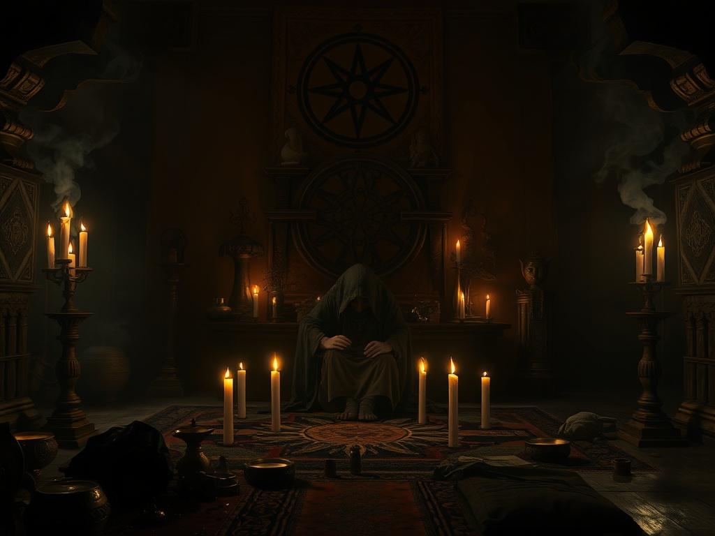 A mystical setting with a solitary figure, engaged in a