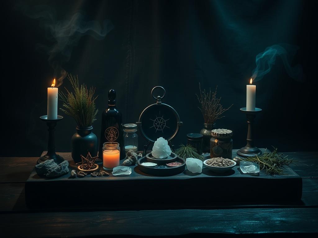 A beautifully arranged ritual kit displayed on a wooden altar