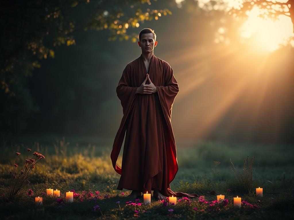 Create a realistic high-resolution photo that embodies the concept of "The Power of Rituals." Center a solitary figure, a person dressed in flowing, rich-hued robes, standing in a serene and balanced meditation pose. The subject should be situated against a softly lit, natural backdrop that evokes a sense of tranquility and reverence, such as a lush forest clearing or a quiet, sun-drenched meadow at dawn. 

The figure should be surrounded by subtle elements that suggest ritualistic practices, like scattered