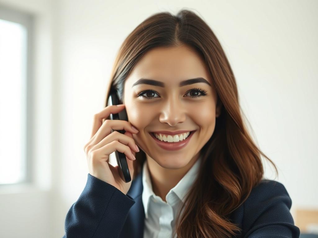 A woman smiling while talking on the phone, exuding warmth and professionalism. She is not looking at the camera, allowing her expression to convey a sense of engagement and customer care. The setting is bright and welcoming, with soft lighting that enhances her friendly demeanor. The background should be clean and uncluttered, emphasizing her as the focal point of the image. The overall composition should be simple, capturing a close-up shot that showcases her genuine smile and connection with the customer