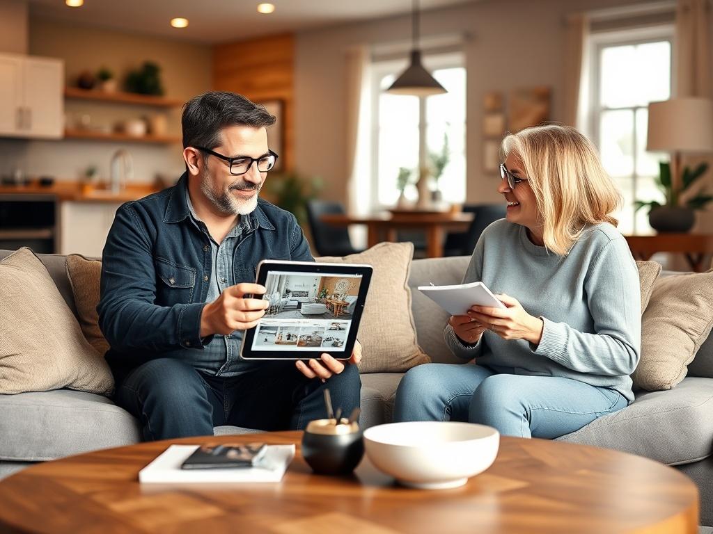 A cozy, well-lit living room where a friendly contractor is engaging with a homeowner at a coffee table. They are discussing remodeling ideas for the basement, bathroom, and kitchen. The contractor holds a tablet showcasing design options while the homeowner looks interested and takes notes. The background features a stylish decor with a warm color palette, creating a welcoming atmosphere. The image should be shot with a 45mm f/1.2 lens to emphasize the expressions and details of the interaction.