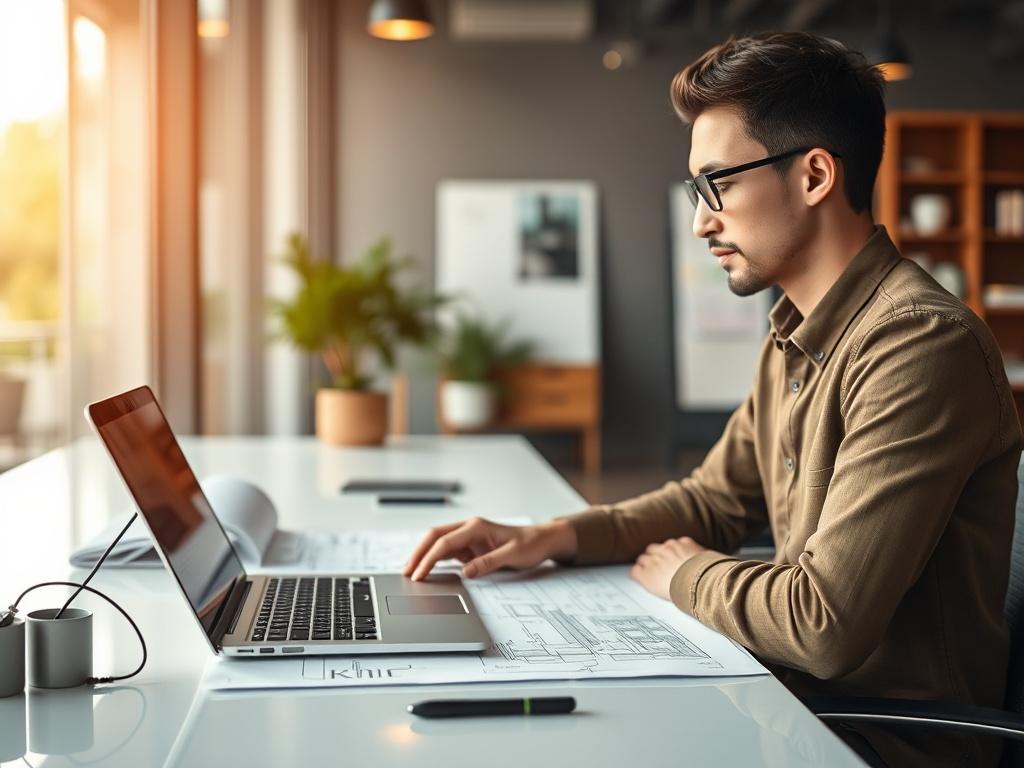 A close-up shot of a modern workspace featuring a designer sitting at a sleek desk with blueprints and a laptop open, showcasing a welcoming and professional atmosphere. The background should be softly blurred to emphasize the designer, with warm lighting to create an inviting environment.