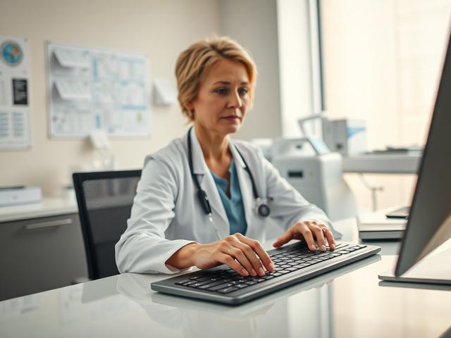 Create a high-resolution photo capturing the essence of a medical office setting that emphasizes the importance of efficient typing. The composition should be simple and clear, featuring a single subject: a focused medical administrative professional sitting at a sleek, modern desk. This individual, preferably a middle-aged woman dressed in professional attire, should be engaged in typing on a high-quality keyboard. 

The background should depict a well-organized workspace, subtly showcasing a medical chart