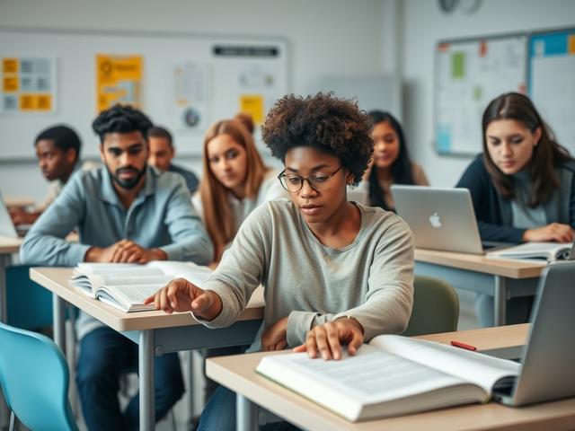 Create a highly realistic high-resolution photograph featuring a focused, single subject: a diverse group of adult learners engaged in a CAEC (College of Applied Arts and Technology) classroom setting in London, ON. The composition should be straightforward, capturing the learners sitting at desks with textbooks and laptops open, emphasizing active engagement in their studies. The room should feature modern educational tools like whiteboards and bulletin boards with educational materials, but maintain a cle