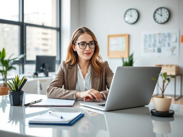 Create a realistic high-resolution photo focusing on a professional office environment. The composition should feature a single subject: a confident female administrative assistant in her mid-30s, seated at a sleek, modern desk. She is engaged in a video conference on her laptop, showcasing a focused and proactive demeanor. 

The assistant should have an organized workspace, including a notepad, pen, and a plant adding a touch of greenery. Her attire should reflect a smart-casual style, promoting profession