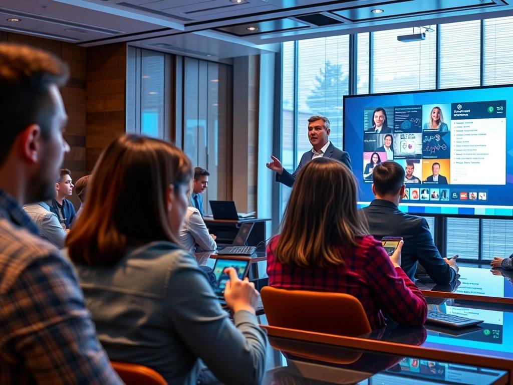 An engaging scene from a live webinar featuring a knowledgeable presenter speaking to an audience. The presenter is animatedly discussing key topics, and the audience can be seen participating through chat interactions on their devices. The webinar interface is visible on a screen, highlighting an interactive format, with vibrant graphics and engaging content.