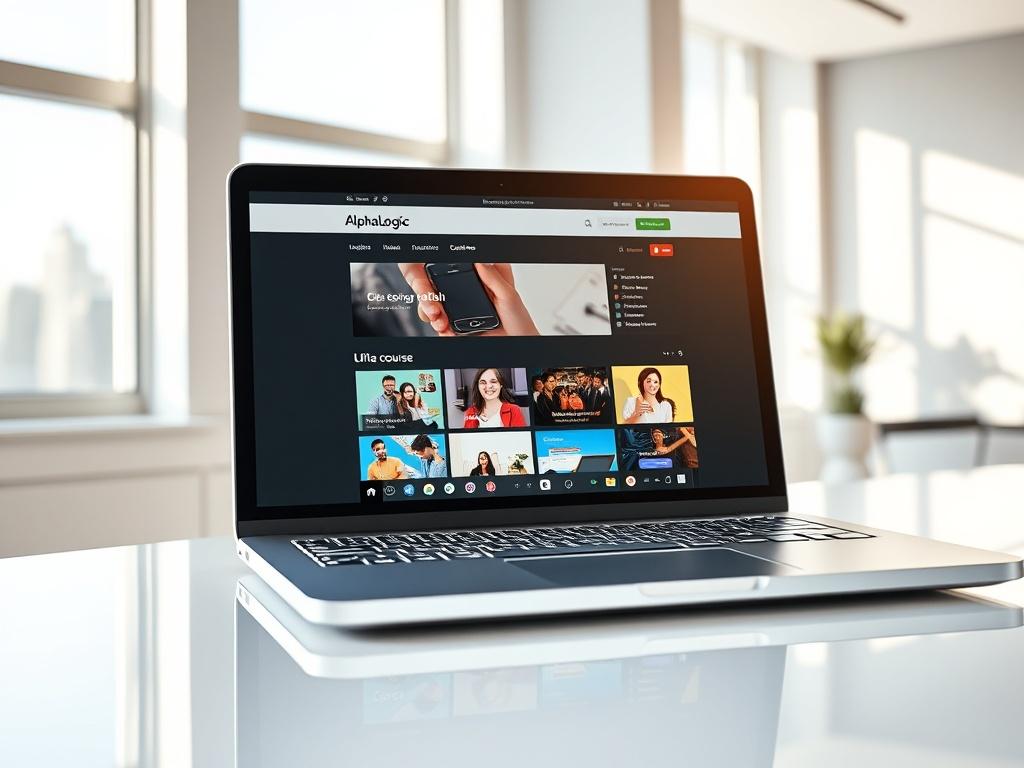 A sleek laptop displaying the AlphaLogic online learning platform interface. The screen shows vibrant course thumbnails and user-friendly navigation. The laptop rests on a modern desk with a bright window in the background, allowing natural light to illuminate the scene. The overall aesthetic is minimalistic and professional, with a clean and modern design.