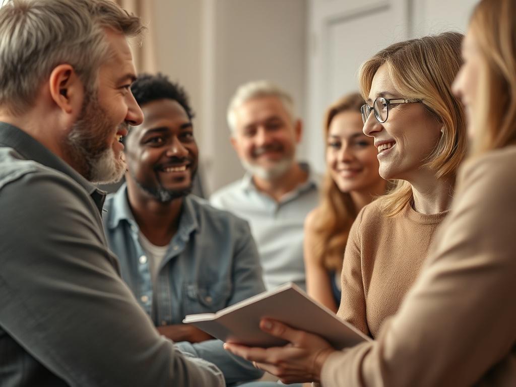 A close-up shot of a diverse group of adults engaging in a friendly conversation in a cozy, well-lit room. The focus is on two participants, one sharing a story while the other listens attentively, showcasing expressions of confidence and engagement. The background features soft, neutral tones that complement the white primary color of the website, creating a warm and inviting atmosphere. The individuals are dressed casually, reflecting a relaxed and open environment conducive to learning.
