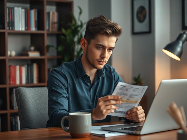 Create a realistic high-resolution photo featuring a focused, professional individual sitting at their desk, looking contemplative yet determined. The subject should be a young adult, male or female, clearly engaged in thought as they review a pay stub or a document indicating their job title. 

The background should be an inviting home office space with modern decor, including a bookshelf lined with business and career development books, a stylish plant adding a touch of greenery, and soft, warm lighting t