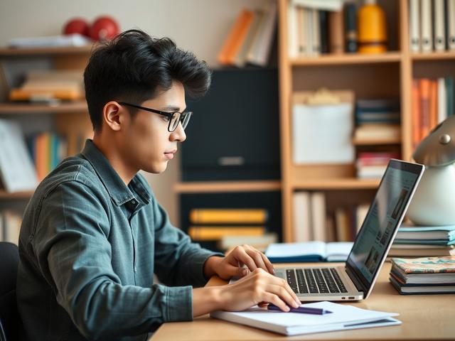 Create a realistic high-resolution photo featuring a focused student sitting at a tidy desk, actively engaging with a laptop. The student should have a contemplative expression, showcasing a moment of deep thought as they evaluate various career courses on the screen. Surround the desk with a few neatly organized books and a notepad, suggesting research and planning. 

In the background, softly blurred shelves can be seen filled with various educational materials, indicating a learning environment. The over