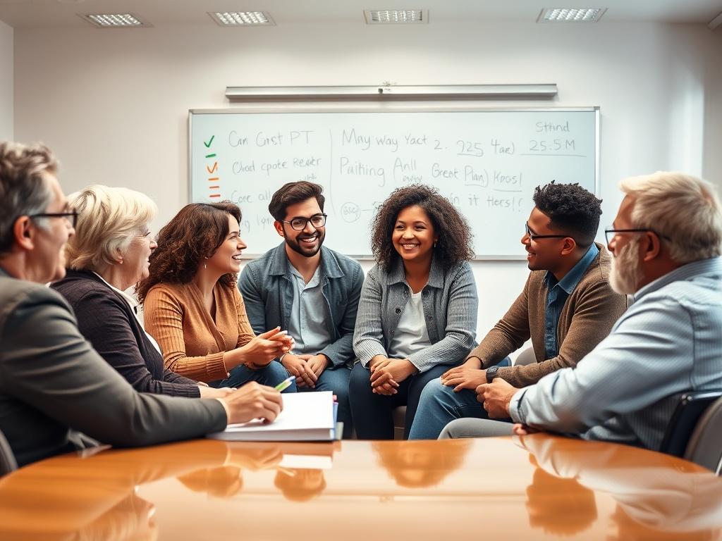 A realistic high-resolution photo featuring a diverse group of adults engaged in a speaking class. The setting is bright and inviting, with a modern classroom atmosphere. Participants are seated in a semi-circle, actively communicating and exchanging ideas. A whiteboard is in the background with colorful markers. The focus is on the interaction and collaboration among the group members, displaying enthusiasm and engagement. The lighting is warm, emphasizing a welcoming and supportive learning environment.