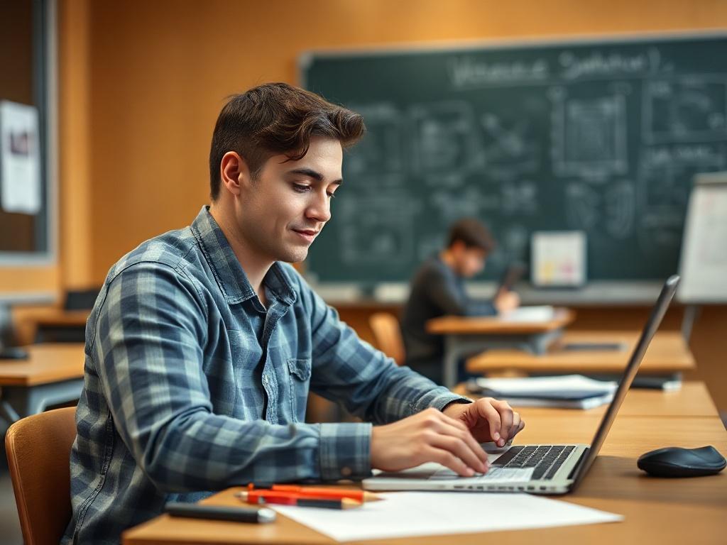 Generate a highly detailed, realistic high-resolution image depicting a young adult student sitting at a desk in a modern classroom setting, engaged in a hands-on learning activity. The subject should be the only focal point, with the student appearing focused and enthusiastic as they work on a project related to their career training. 

The desk should be clutter-free, featuring essential tools and materials relevant to their field of study, such as a laptop, notebooks, and industry-specific equipment (e.g