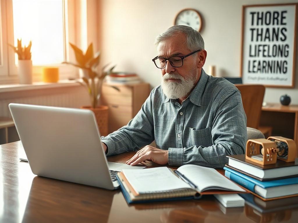 Create a realistic high-resolution photo featuring a middle-aged individual, a man or woman in their 40s, sitting at a desk with a focused expression. The subject should be reviewing educational materials such as a laptop displaying a training program website, a notepad filled with handwritten notes, and a selection of books related to professional development. 

The composition should be simple and clear, with the subject positioned off-center to allow for a clean view of the desk setup. Soft natural light