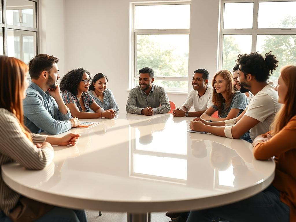 A realistic high-resolution photo of a diverse group of people sitting in a circle, engaged in a lively speaking class. The group consists of individuals from various backgrounds, interacting and sharing ideas. The background is a bright, airy classroom setting with large windows allowing natural light to flood in. The atmosphere is warm and inviting, emphasizing collaboration and communication. The image should showcase the shiny surfaces of tables and chairs, reflecting light, and creating a vibrant learn