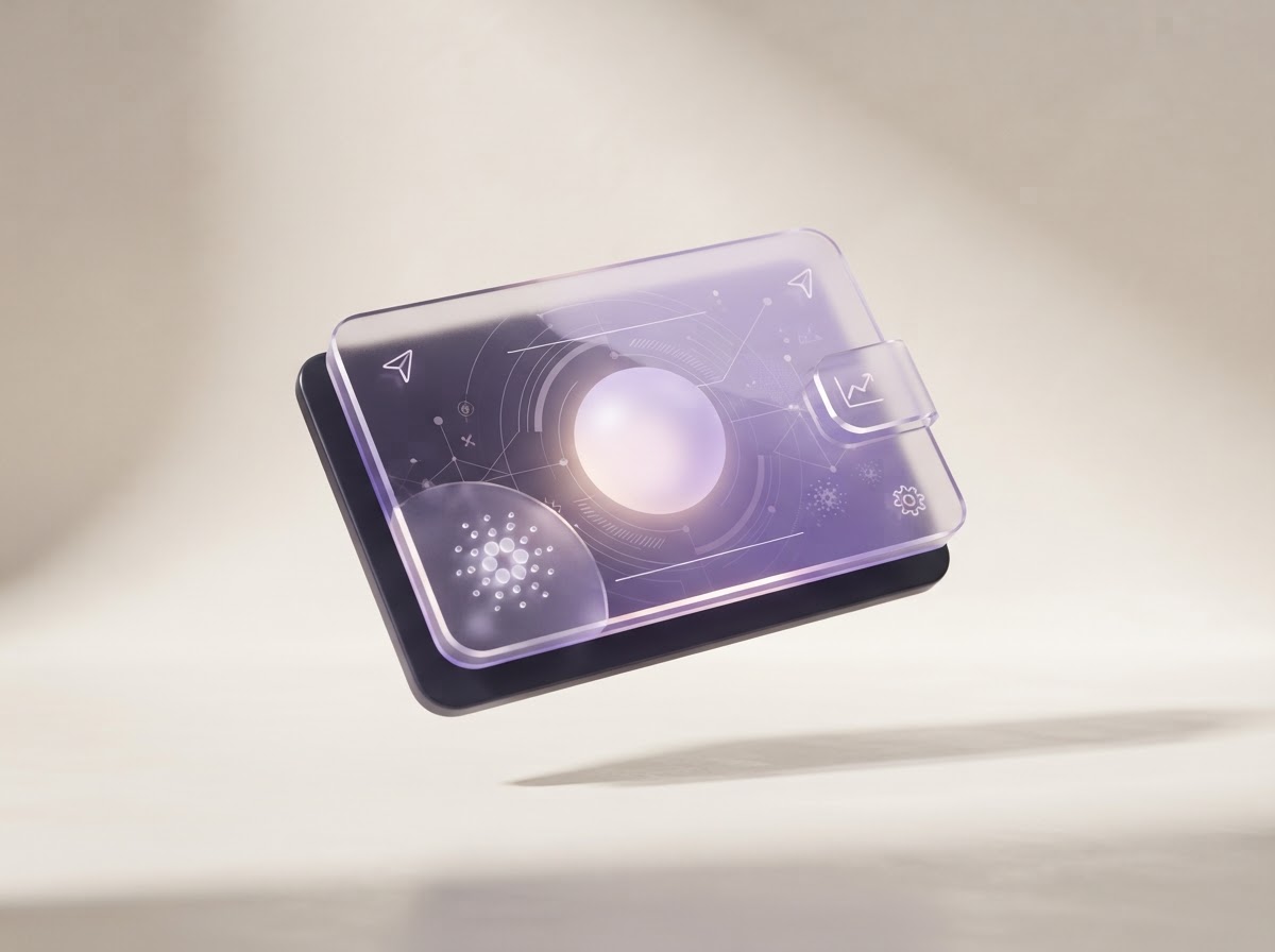A floating, softly lit wallet interface in violet tones