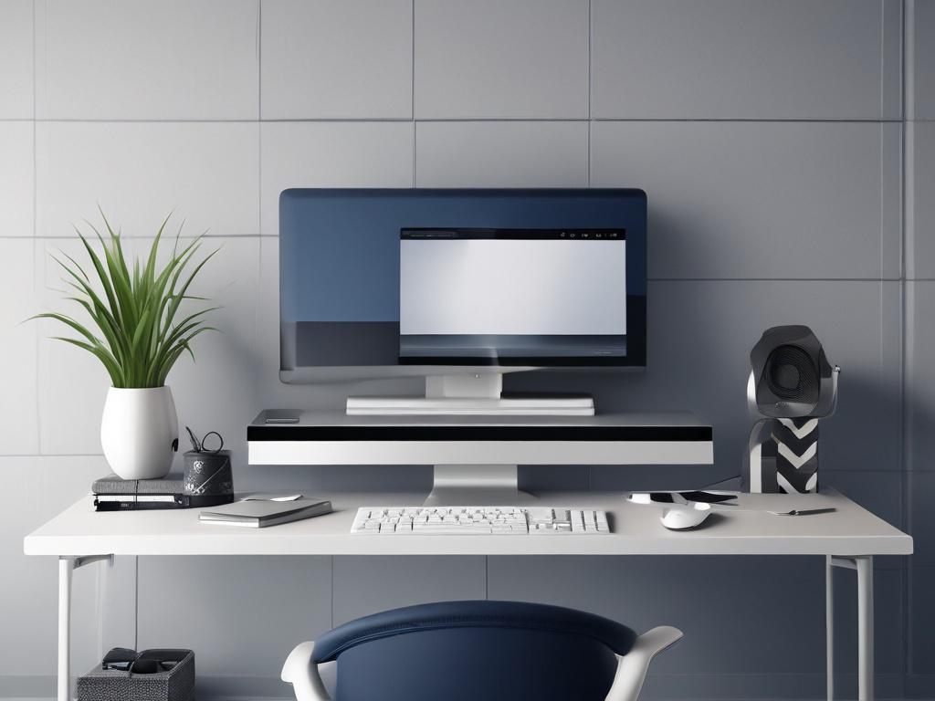 A focused video editing workspace featuring a sleek computer with a large monitor displaying a video editing software interface. The scene is minimalistic with clean lines and a navy blue color palette. In the background, soft natural light filters in through a window, illuminating the workspace and highlighting essential tools like headphones, a camera, and notes. The overall composition is simple and clear, emphasizing the art of video editing.