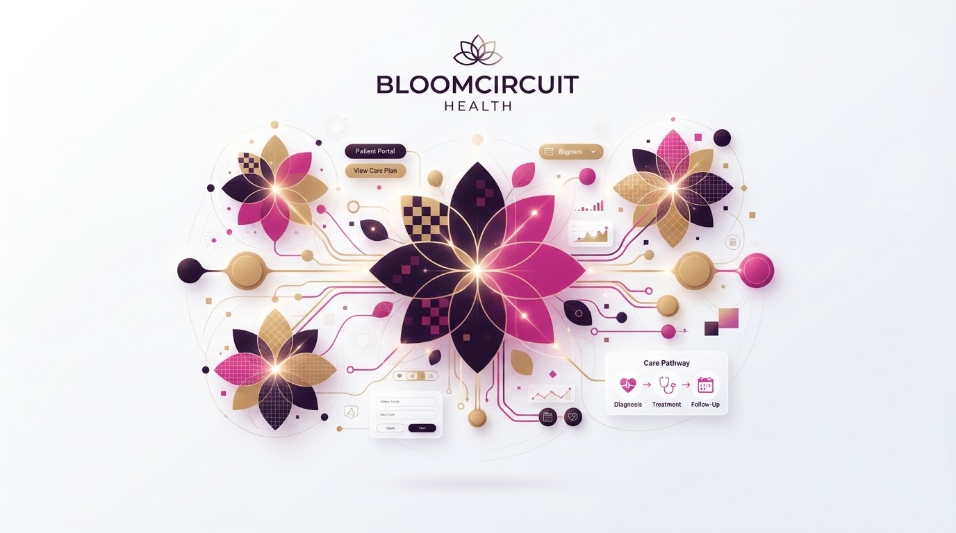 BloomCircuit Health digital care platform visual composed of pixel-bloom modules, care-pathway nodes, and accessible UI fragments