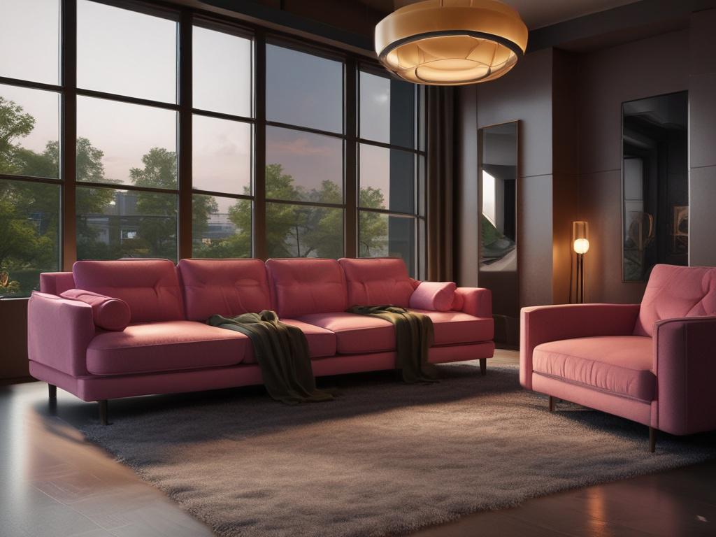A beautiful escort sitting comfortably on a plush sofa in