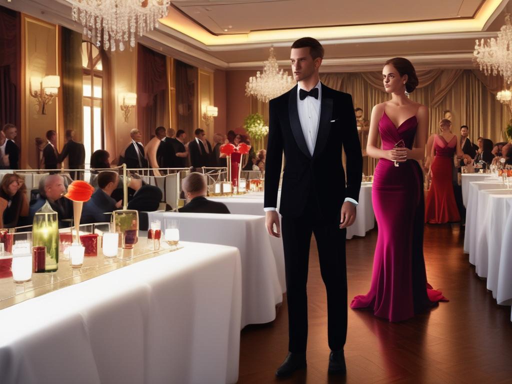 A glamorous escort dressed in an elegant cocktail dress, confidently