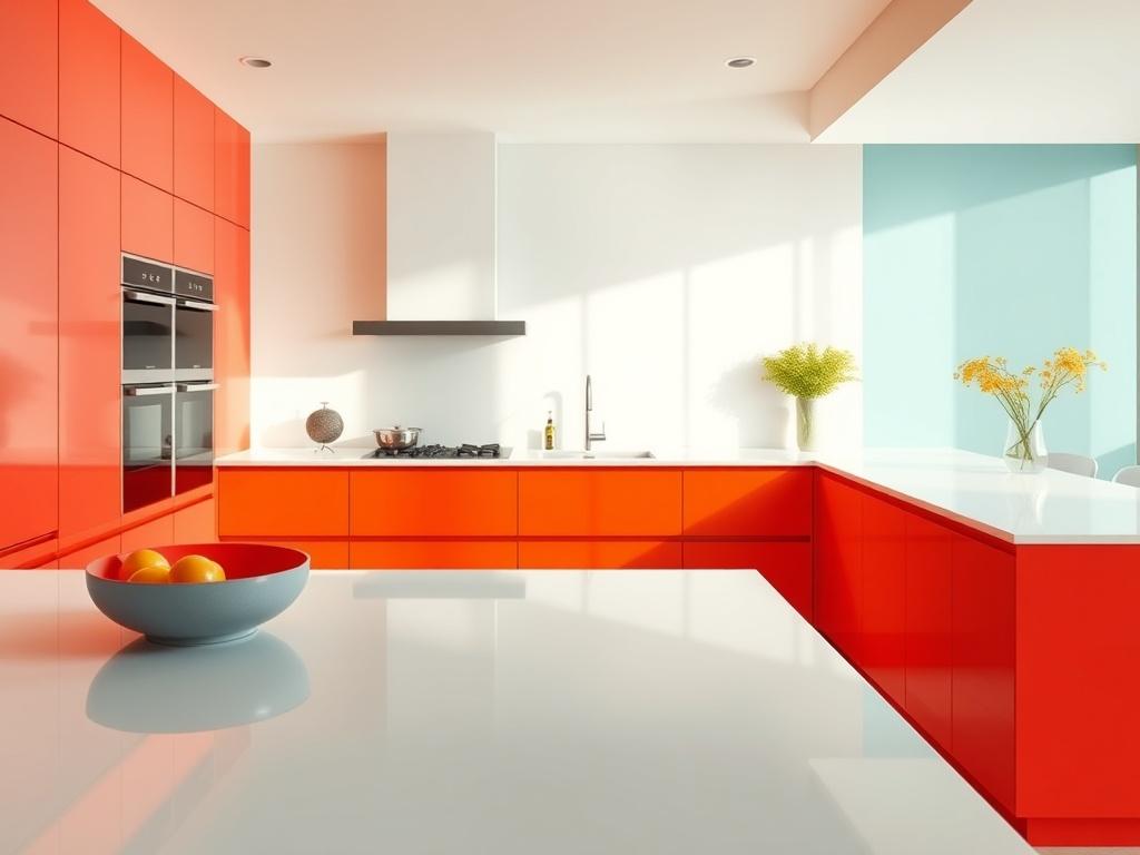 A stunning modern kitchen featuring a sleek white porcelain benchtop,