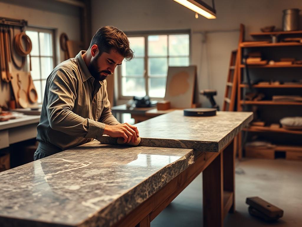 A skilled craftsman in a workshop, carefully polishing a beautiful