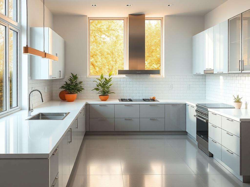 A wide modern kitchen featuring a sleek white porcelain benchtop