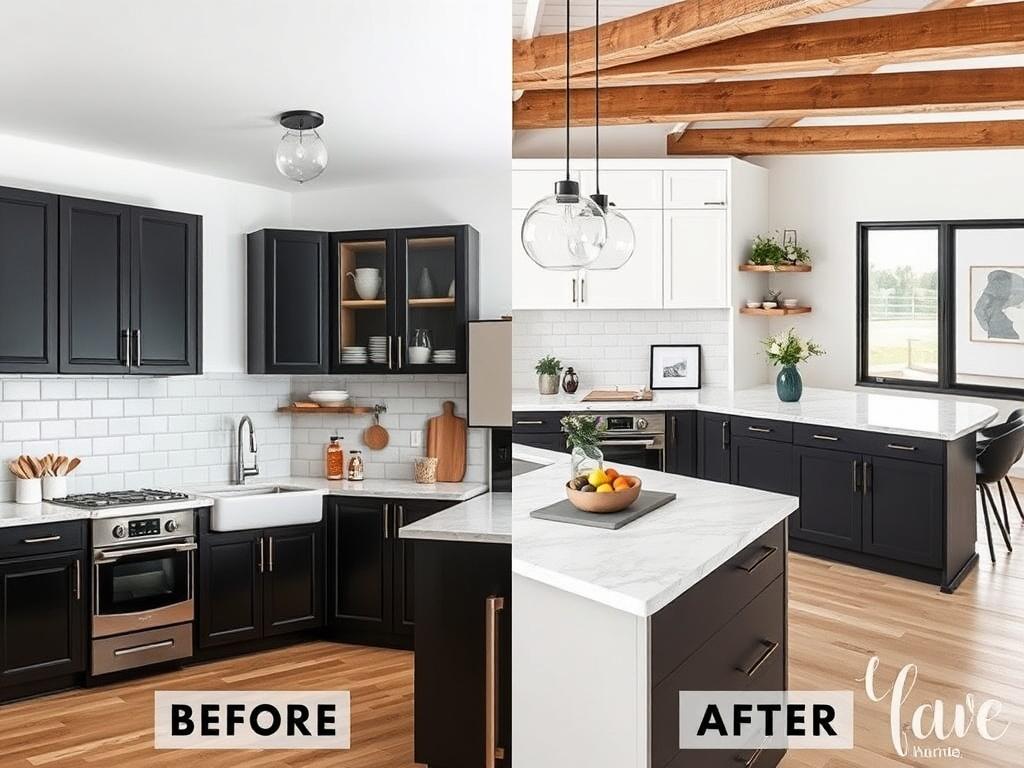 A before and after image showcasing a kitchen renovation
