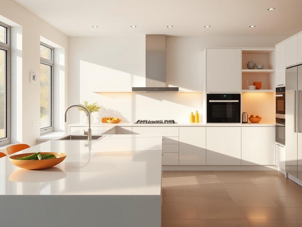 A modern kitchen featuring a sleek white porcelain benchtop under