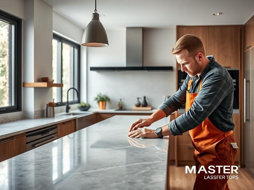 A skilled craftsman meticulously installing a stone benchtop in a