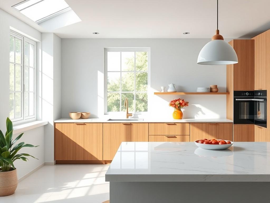 A bright, airy kitchen featuring a silica free stone benchtop,