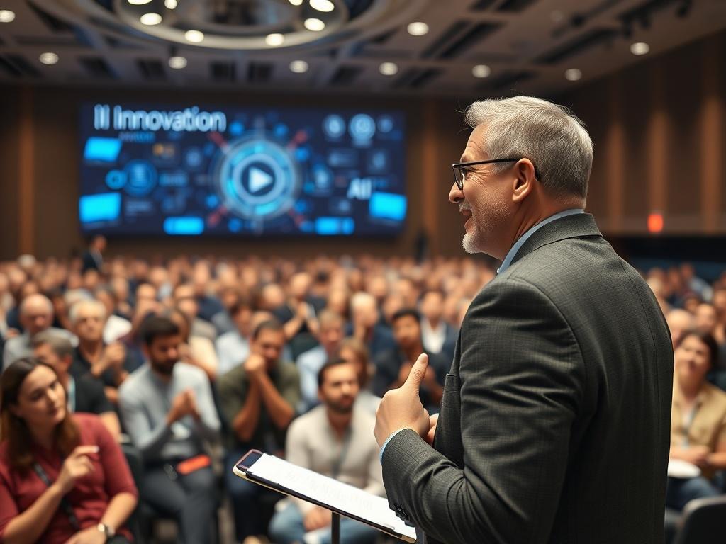 An inspiring keynote speaker addressing a large audience in a spacious conference hall. The speaker is animatedly sharing insights about innovation and AI, with a powerful visual presentation in the background. The audience is captivated, with individuals taking notes and nodding in agreement, illustrating the impact of the presentation.