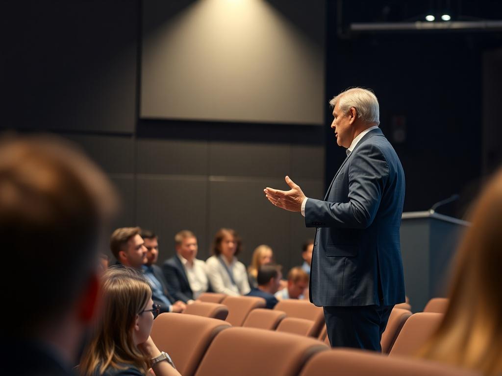 A professional speaker standing confidently on stage, delivering an insightful talk about artificial intelligence, with a captivated audience in the foreground. The background features a modern auditorium setting, with subtle lighting highlighting the speaker. The image captures the intensity and engagement of the moment, focusing on the speaker's expressive gestures and the audience's attentive faces.