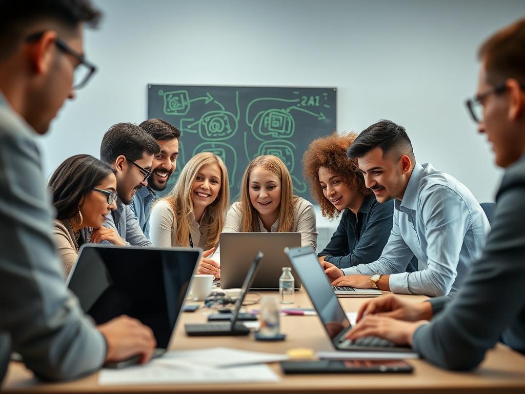 A dynamic workshop setting with diverse professionals collaborating around a table, actively discussing strategies for AI implementation. The scene includes laptops, digital devices, and visual aids like whiteboards or charts, creating an atmosphere of innovation and teamwork. The focus is on the engaged faces of participants, illustrating their enthusiasm and commitment to learning about AI.