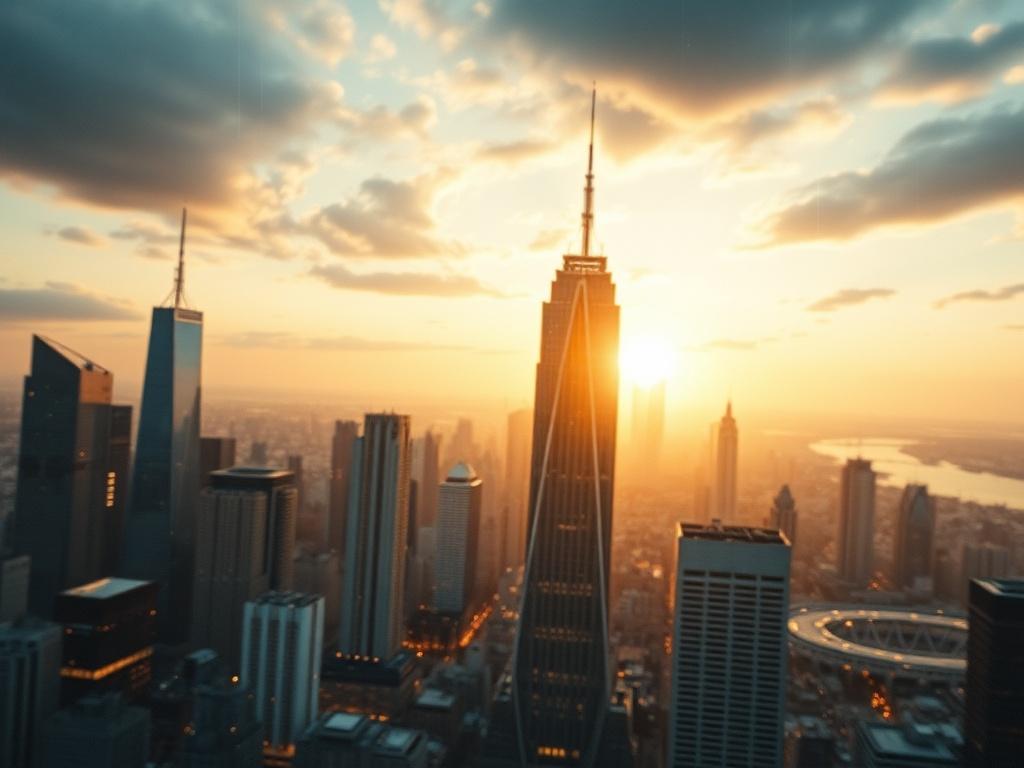 A high-resolution image of a futuristic city skyline with digital overlays representing technological advancement. The focus should be on a person looking thoughtfully towards the skyline, symbolizing foresight and leadership in innovation. The color scheme should evoke a sense of progress and optimism, using warm golden hues.