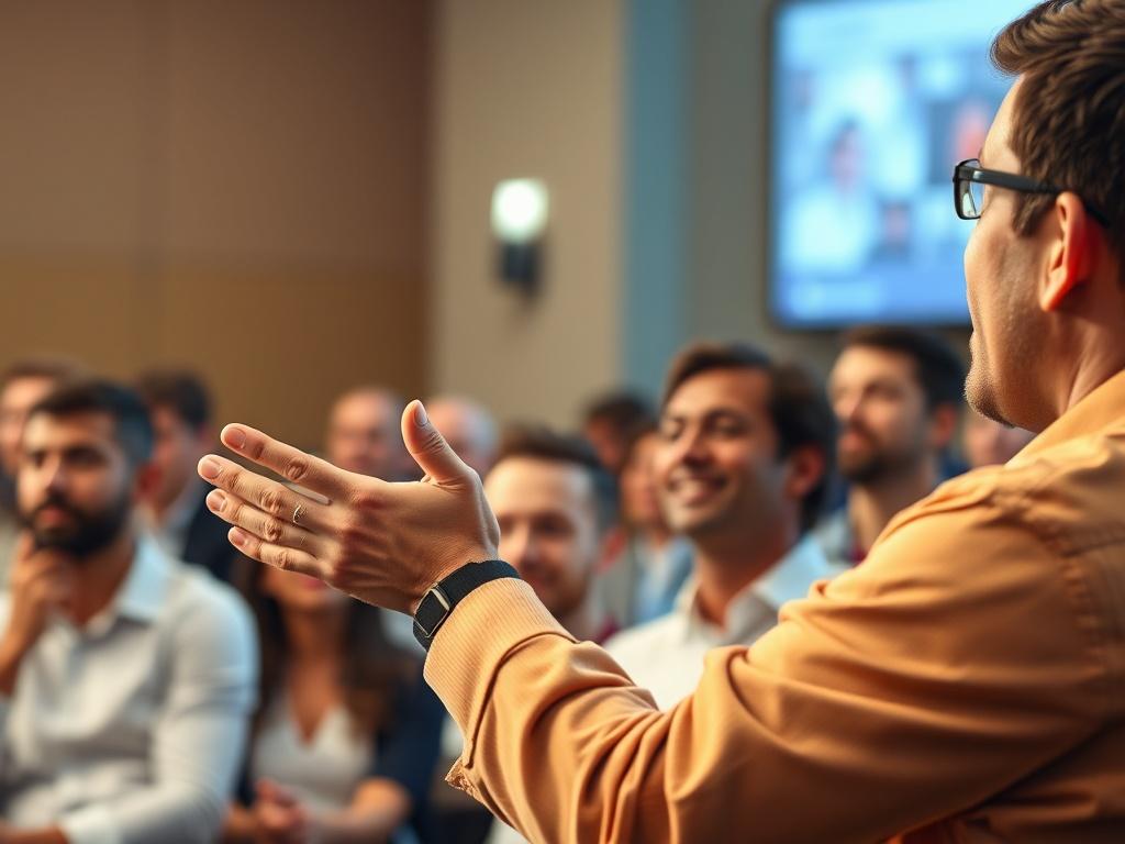 A close-up shot of a speaker engaging an audience, showcasing a dynamic presentation on artificial intelligence. The background should be subtly blurred, focusing on the speaker's expressive gestures and the audience's attentive faces. The color palette should include shades of gold and warm tones to convey enthusiasm and inspiration.
