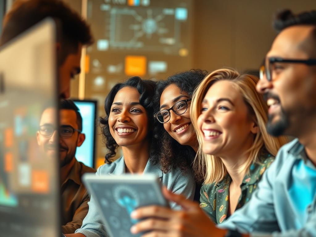 A close-up image of a diverse team engaged in a brainstorming session, surrounded by digital screens showcasing innovative ideas and AI technologies. The focus should be on the collaborative spirit of the team members, with expressions of excitement and creativity. The color scheme should include warm golds, reflecting a vibrant and inspiring atmosphere.