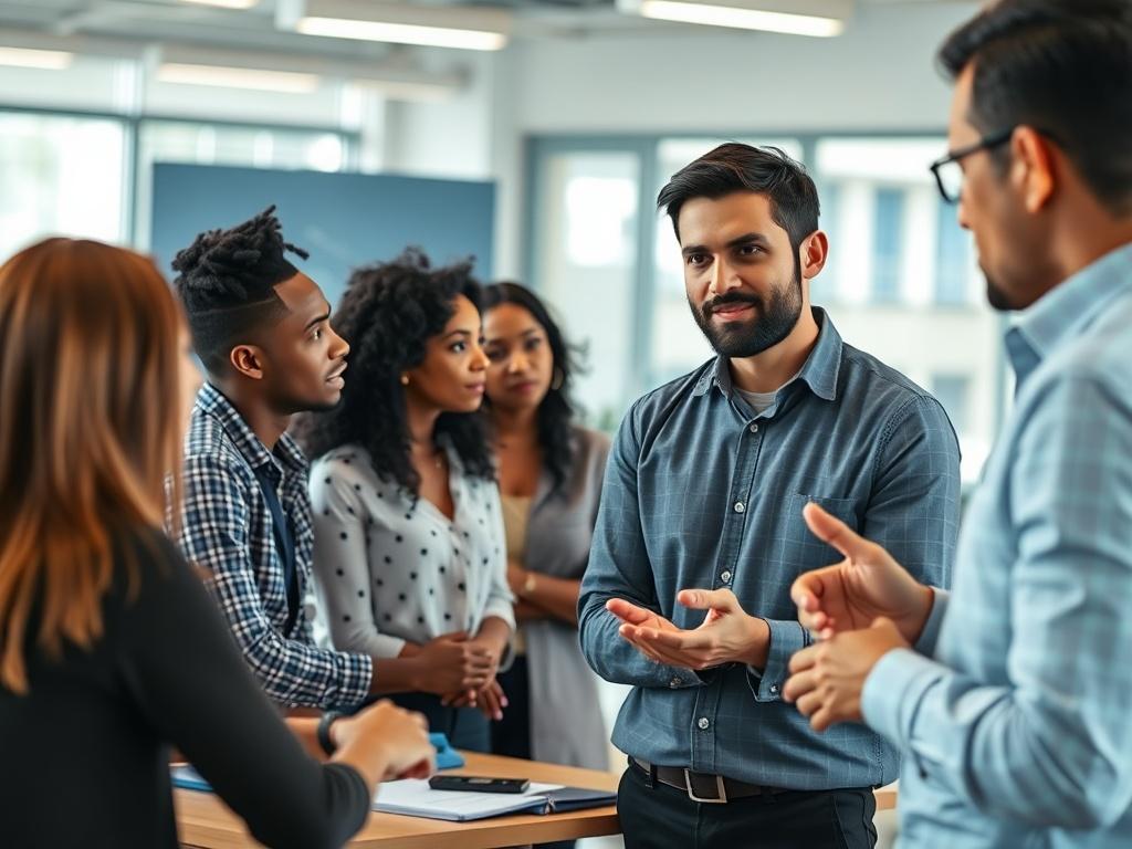 A dynamic workshop scene featuring participants engaged in group discussions and hands-on activities. In the foreground, a facilitator (Sandro Bonás) guides a diverse group of professionals, encouraging collaboration in a bright, modern workspace.
