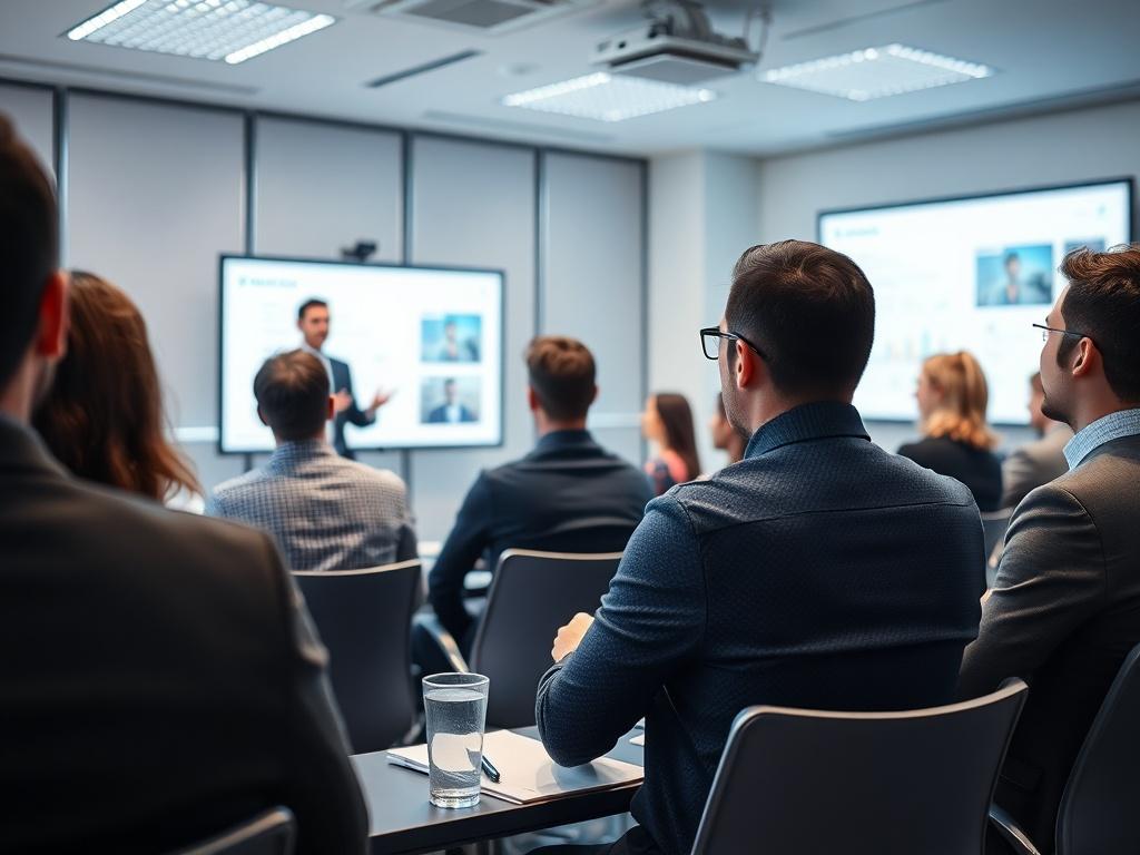 A corporate training session in progress, showcasing a trainer (Sandro Bonás) presenting to an engaged audience in a professional setting. The room is equipped with modern technology and visual aids, creating an interactive learning environment.