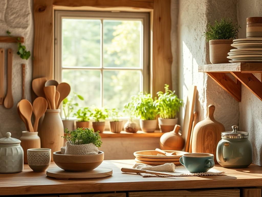 A well lit rustic kitchen with natural wood accents, featuring