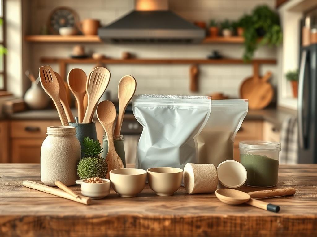 A beautifully arranged eco friendly kitchenware set on a rustic