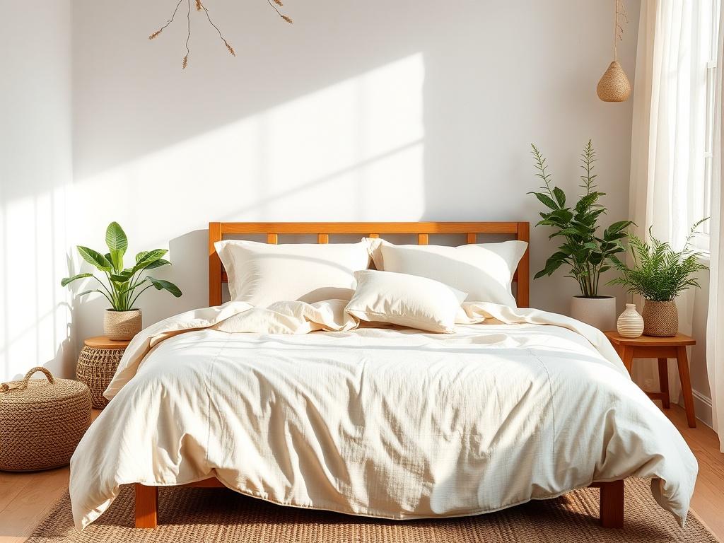 A beautifully styled bedroom featuring an organic cotton bedding set