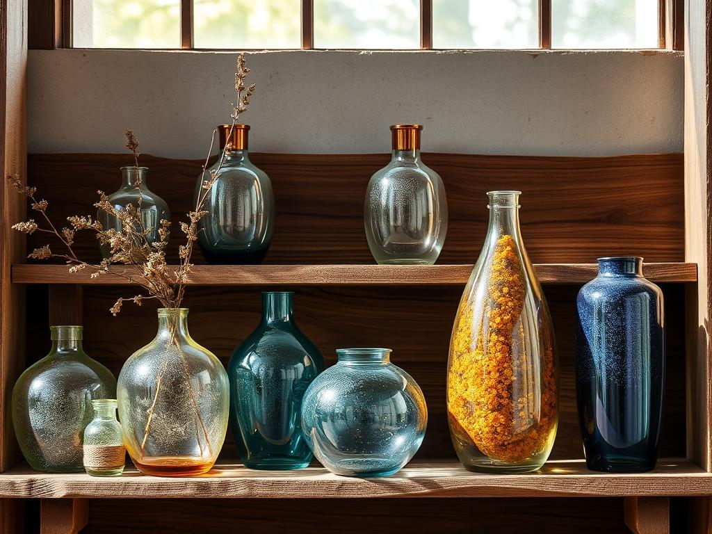 A collection of recycled glass decor vases displayed on a