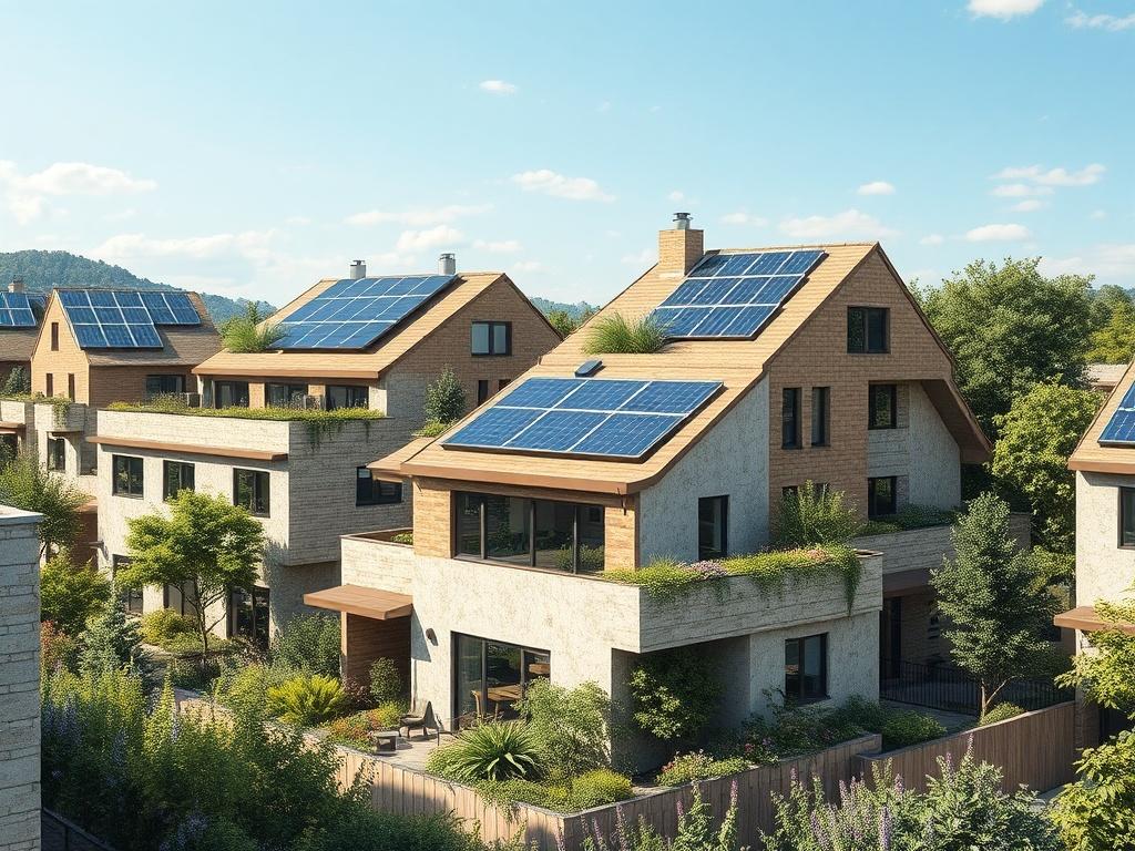 A high resolution of a modern sustainable housing development, showcasing