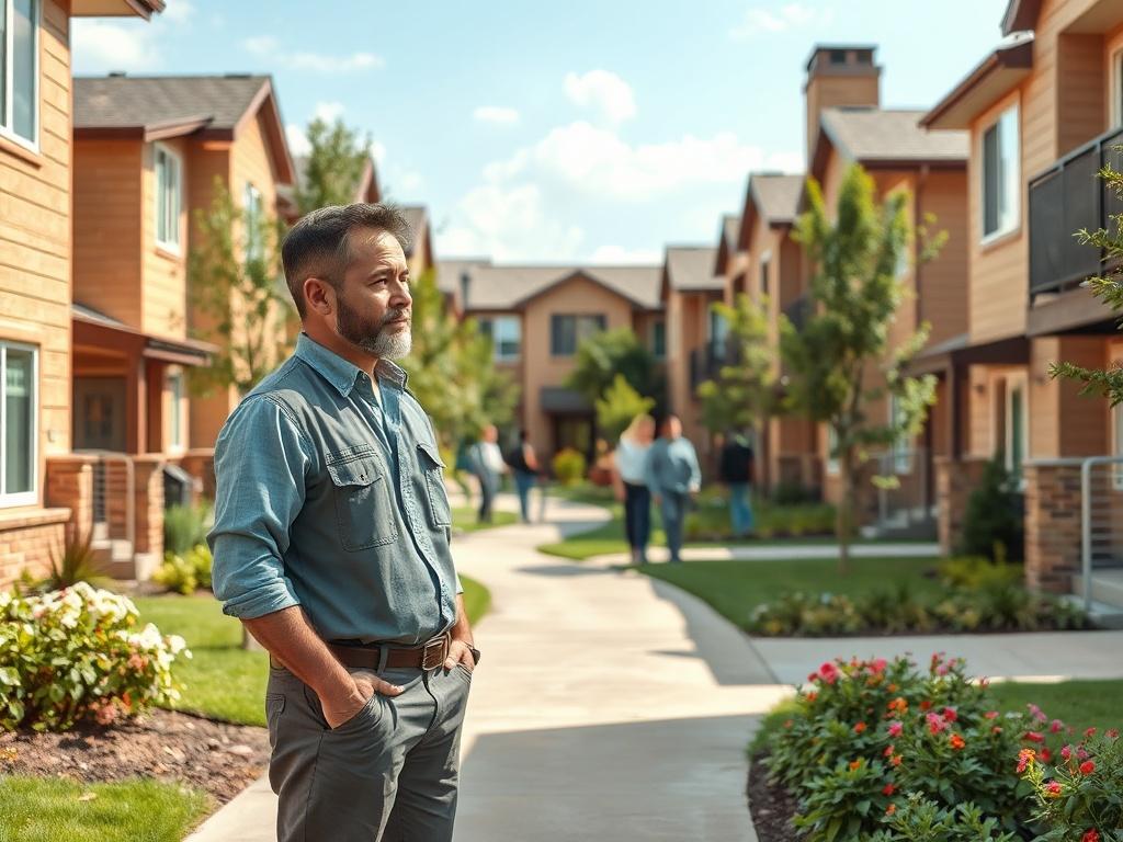 A property manager overseeing a well maintained residential complex, interacting
